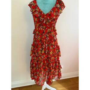 Marissa Webb Collective Magnolia Red Floral Ruffle Tiered Midi Dress Size 6